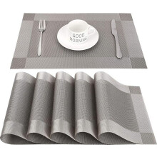 Jogo de 6 jogos americanos cinza em PVC lavável, resistentes ao calor, antiderrapantes, para cozinha, casa, restaurante e mesa de jantar.