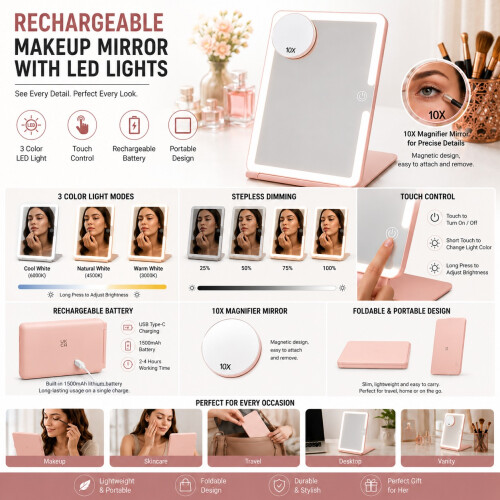 Makeup Mirror Portable LED Beauty USB Rechargeable