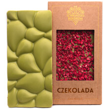 Cioccolato bianco con tè Matcha e lamponi liofilizzati 100g - Schronisko Bukowina