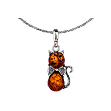Collar Largo de Mujer en Plata Oxidada con Gato y Ámbar Gatito Plata 80