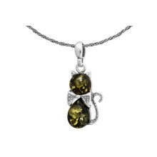 Collar corto de plata para mujer con forma de gato y gargantilla de ámbar verde (32 cm)