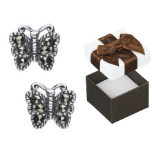 Pendientes de mariposa de plata con marcasitas, oxidados, para mujer
