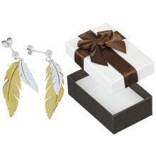 Pendientes largos de plata con plumas bañadas en oro, tachuelas, 925