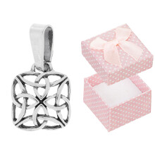 Colgante de roseta cuadrada de plata con diseño calado y oxidado