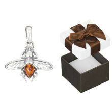 Pendentif tique en argent avec petit pendentif insecte oxydé en ambre