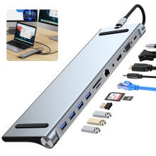 11-in-1 USB C Docking Station, Triple Display Adapter with 4K HDMI, VGA, USB 3.0/2.0, USB-C, SD/TF Card Reader, Ethernet