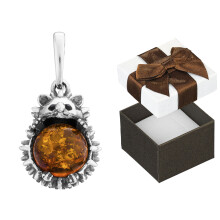 Pendentif hérisson en argent 925 avec ambre et zircon cubique oxydé