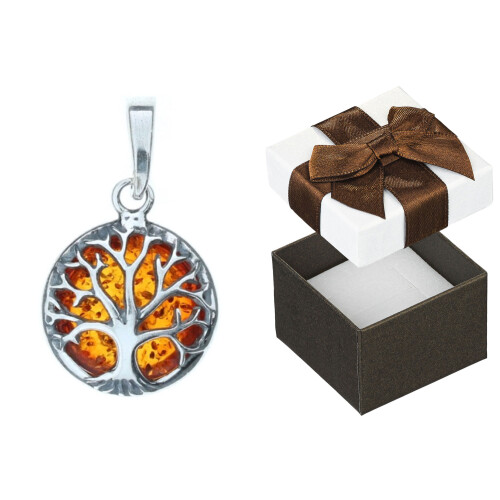 Silberner Glücksbaum-Anhänger mit oxidiertem Bernstein-Amulett