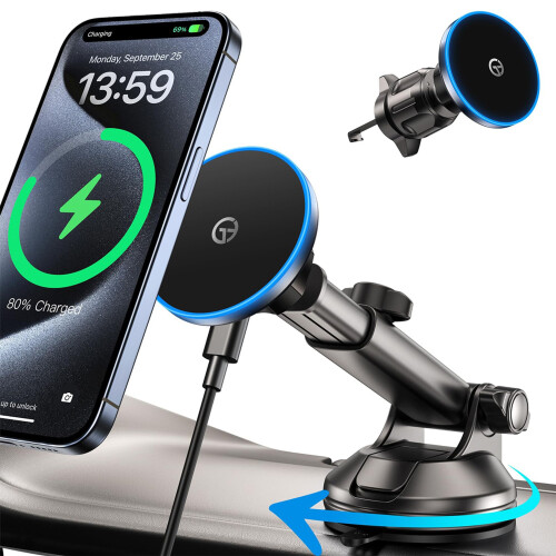 MagSafe Car Mount with Charging Function, Dashboard Vent Windshield Phone Holder, Compatible with iPhone 16 15 14 13 12