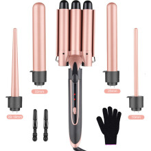 Fer à boucler 5 en 1 avec 3 embouts, écran LCD, revêtement céramique et finition or rose.
