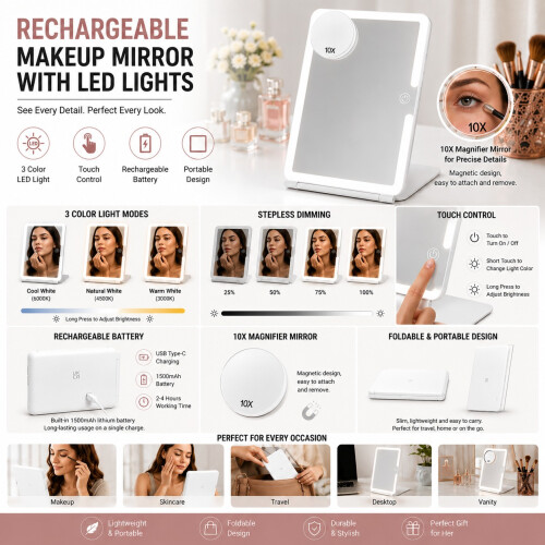 3 Color LED Lighted Makeup Mirror Touch Screen 10X