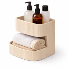 Ein moderner, zweistöckiger Badezimmer-Organizer in Beige.