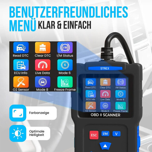 OBD2 Diagnostic Tool, OBDII EOBD Scanner for Cars, Fault Code Reader with German Language Support and Engine Troubleshoo 1