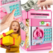 Sicheres Sparschwein für Kinder mit Nadelverschluss, großer elektronischer Geldautomat, rosa Münzen