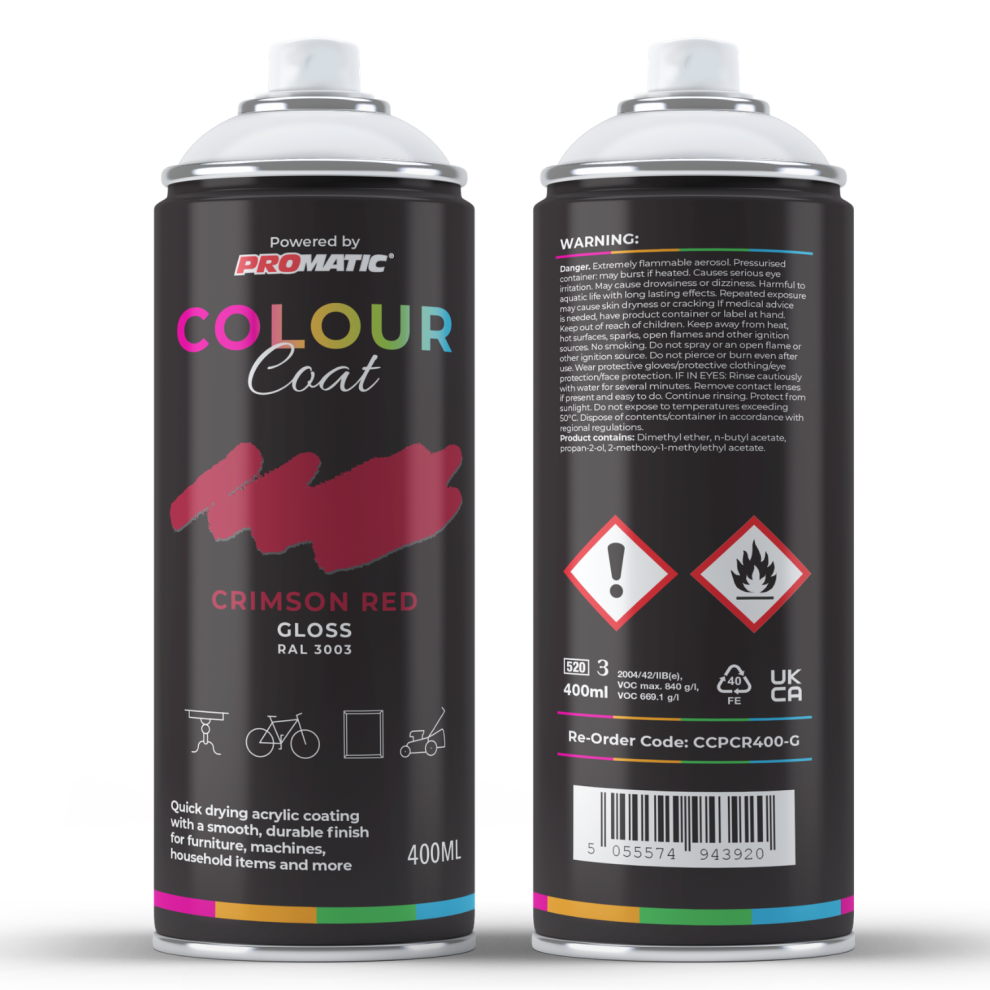 Promatic Colour Coat Crimson Red Ral 3003 Gloss 1K Acrylic Spray Paint 400Ml 5055574943920