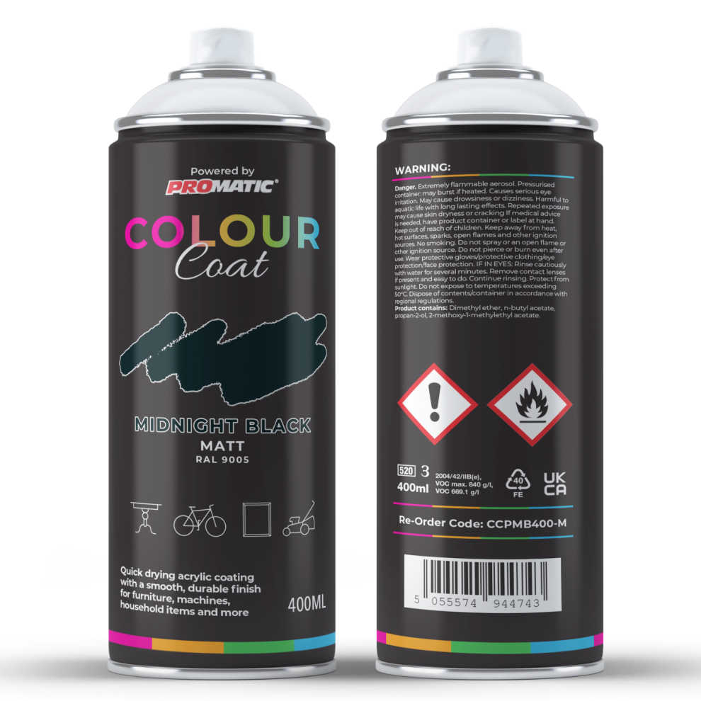 Promatic Colour Coat Midnight Black Ral 9005 Matt 1K Acrylic Spray Paint 400Ml 5055574944743