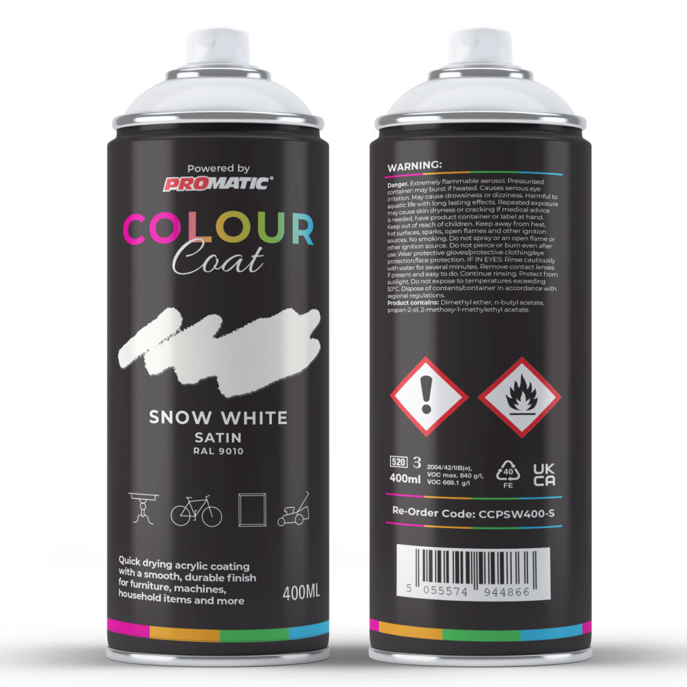 Promatic Colour Coat Snow White Ral 9010 Satin 1K Acrylic Spray Paint 400Ml 5055574944866