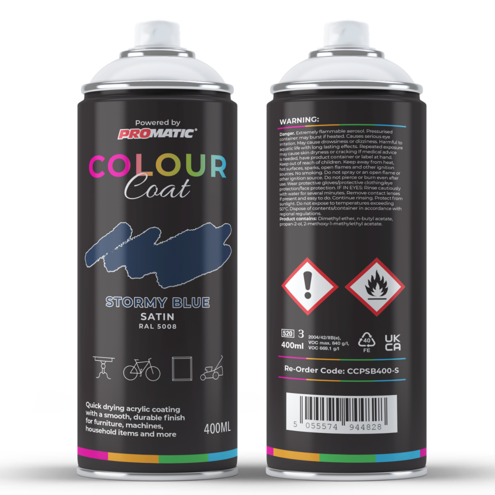 Promatic Colour Coat Stormy Blue Ral 5008 Satin 1K Acrylic Spray Paint 400Ml 5055574944828