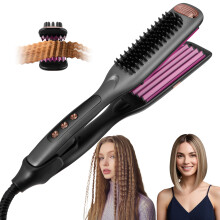 2 in 1 Straightener Brush, Ceramic Negative Ion Hair Waver Volumizing Crimper, 5 Temp Settings (140-230°C) for Fluffy Waves & Frizz Control