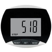 Multifunctionele stappenteller met riemclip en lcd-display voor wandelen en fitnessoefeningen.