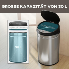 Lixeira de 30 litros com sensor e tampa de fechamento suave, em aço inoxidável, para uso higiênico na cozinha.