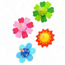 Wooden Flower Shape Spinning Tops - 4 Pack, Baby and Kids Cognitive Toy, Rotating Table Playset for Early Development