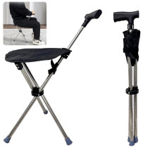 Zwarte opvouwbare aluminium wandelstoel, multifunctionele wandelstok voor buiten, antislip, uitschuifbaar, snelsluiting, voor senioren
