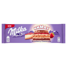Milka Mmmax kiks med cheesecakefyld og jordbærfyld i mælkechokolade 300 g