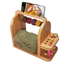 Yarn Storage Organizer for Crochet - Bamboo Knitting Accessories Holder with Phone Stand, Dual Rods, and Tool Slots