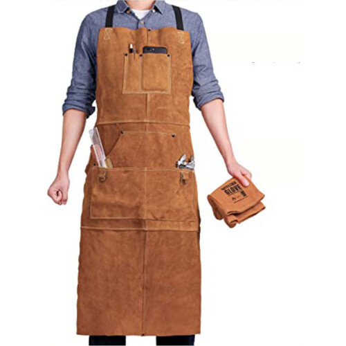 Leather Welding Apron with 6 Tool Pockets, Flame-Resistant Heat-Resistant Work Apron with Adjustable Cross Back Straps