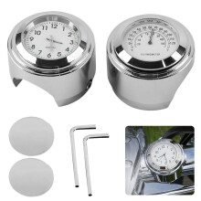 Motorcycle Handlebar Clock and Thermometer, Fits 22-25 mm Handlebars, Waterproof, Shockproof, Rustproof, Zinc Alloy Hous