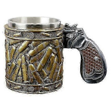450ML Stainless Steel Beer Mug with Revolver Handle Vintage Bullets Heat Resistant Food Grade Tea Milk Coffee Water Cup Boyfriend Father Birthday Gift