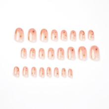 (Golden Star) 24pcs Oval French Press-On Nails, Nude Pink Glossy Manicure with Golden Star Moon Accents, Minimalist Celestial Nails,