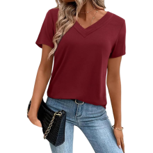 Blusa de Mujer con Manga Corta Túnica Elegante Verano Burdeos M — top viscosa mujer, camiseta cuello pico