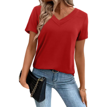 Blusa de Manga Corta para Mujer Túnica Elegante de Verano Roja XXL — top viscosa mujer, camisa cuello pico