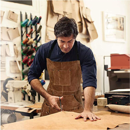 Leather Welding Apron with 6 Tool Pockets, Flame-Resistant Heat-Resistant Work Apron with Adjustable Cross Back Straps 2