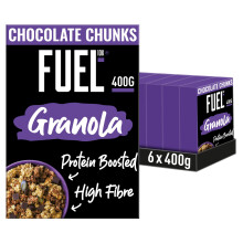 FUEL10K Protein Boosted, Chunky Granola, Chocolate Loaded, 6 x 400 Gram Box - High Fibre, Vitamin Boosted Vegan Cereal with Dark Chocolate Pieces