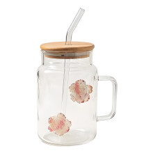 Wood Lid Glass Tumblers Drinking Mug With Straw For-Camellia