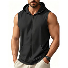 Men'S Workout Hooded Tank Tops Fashion Muscle Zip Sleeveless Hooded Slim Fit Gym Hoodie Black S