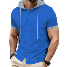 Men'S Hoodies Shirt Short Sleeve Button Down Drawstring Hooded Sweatshirt with Chest Pocket Royal  S