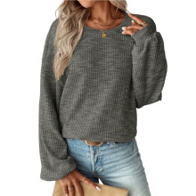 Women'S Marled Waffle Knit Loose Long Sleeve Pullover T-Shirt Gray S