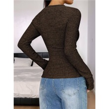 Women'S V Neck Lace Trim Ribbed Slim Fit Y2K Long Sleeve T-Shirt Brown S