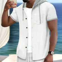 Men'S Hoodies Shirt Short Sleeve Button Down Drawstring Hooded Sweatshirt with Chest Pocket White S