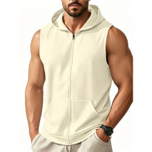 Men'S Workout Hooded Tank Tops Fashion Muscle Zip Sleeveless Hooded Slim Fit Gym Hoodie Khaki S