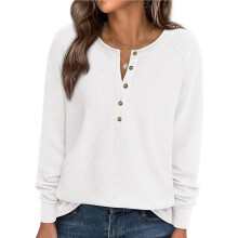 Women'S Crew Neck Button Henley Waffle Knit Loose Long Sleeve Top White S