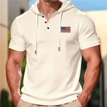 Men'S Hoodies Pullover Casual Short Sleeve Drawstring Waffle Knit Hooded Sweatshirt Khaki S