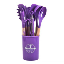 (Purple) 12 STUKS Keuken Siliconen Gebruiksvoorwerpen Set-9 Kleuropties-Kookgerei Set met Houten Handvat Non-stick Kooklepels U