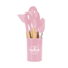 (Pink) 12 STUKS Keuken Siliconen Gebruiksvoorwerpen Set-9 Kleuropties-Kookgerei Set met Houten Handvat Non-stick Kooklepels U