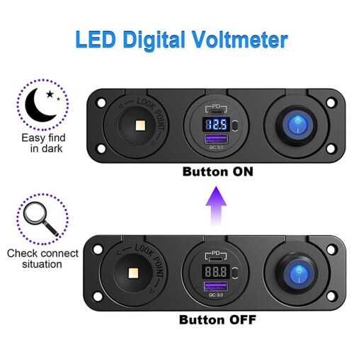 2X PD3.0 & QC3.0 USB Car Charger/Cigarette Lighter Panel 12V/24V 200W Lighter Socket with  for Car, Boat, RV 2