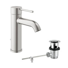 GROHE Essence Basin Mixer Tap with Pop-Up Waste Set (S-Size 208 mm, Metal Lever, 28 mm Ceramic Cartridge, Water Saving, 3/8 Inch Tails), Supersteel,